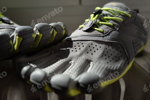 Preview: Closeup shot of a pair of gray green toe shoes for sport