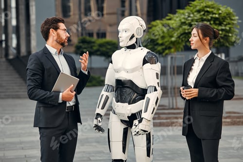 Preview: Robot with businessmen on the street near the building