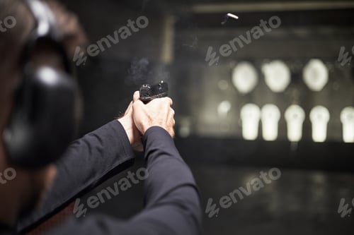 Preview: Young Adult Man Aiming Handgun Toward Target at Indoor Shooting Range