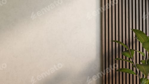 Preview: Green leaf plant and shadow on wooden slats loft wall at the room corner with sunlight shining upon.