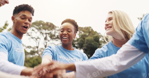 Preview: Park, volunteer and hands of people in circle together for solidarity in sustainable green project.