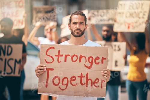 Preview: Portrait, protest in street and group stand in solidarity, climate change and march together. Man,