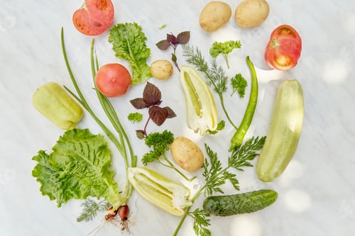 Preview: Aesthetics organic vegetables and greens under sunlights top view. Keto, Paleo