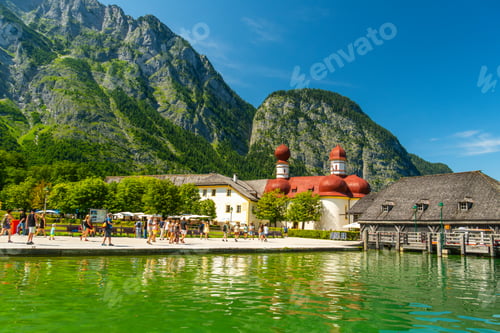 Preview: KONIGSSEE, GERMANY - JULY 15, 2025: Konigssee Lake and Bartholomew Church. Bavaria, Germany