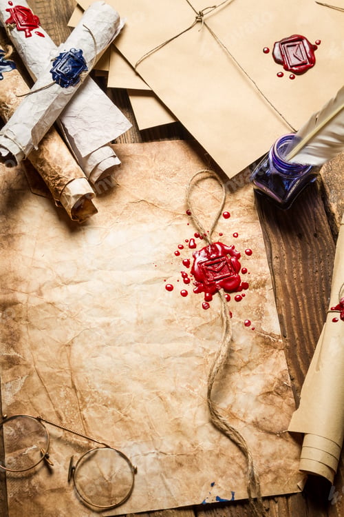 Preview: Old scrolls, sealing wax, old envelope and blue ink on wooden table
