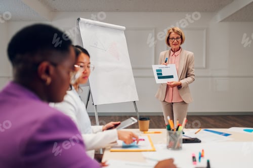 Preview: Senior businesswoman holding a presentation during a meeting in an office