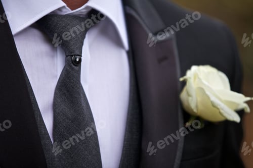 Preview: Closeup of a bridegroom suit flower wearing in black and white