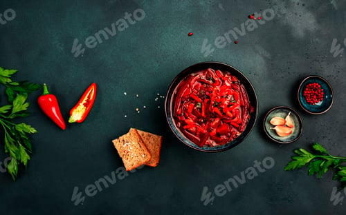 Preview: Traditional homemade red cabbage soup with beets, vegetables and herbs, Russian borscht