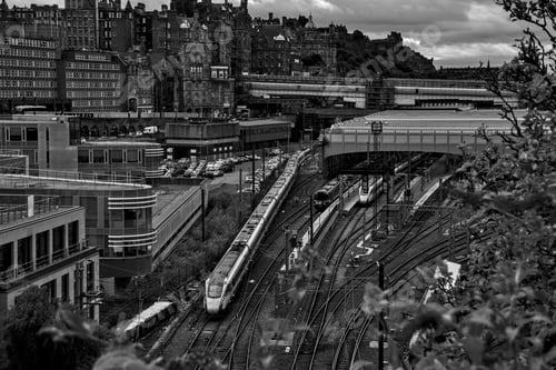Preview: Monochrome shot of the railroads in Edinburgh on a sunny day