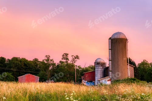 Preview: Wide shot of concrete silos and barns in a grass field surrounded with trees