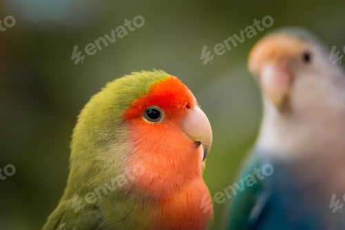 Preview: Two vibrant rosy-faced lovebirds (Agapornis roseicollis) against a green backdrop