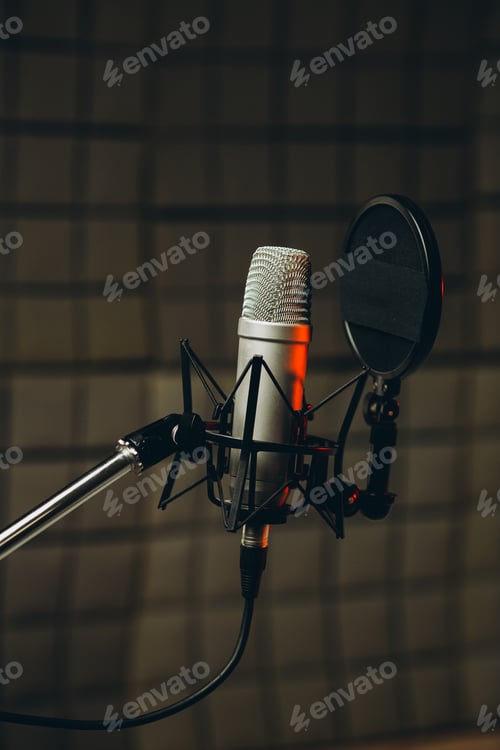 Preview: Pan shot of a professional microphone for dubbing and voice over in the sound recording studio.