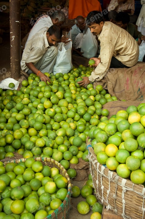 Preview: Men selecting fresh green oranges at a bustling market stall.