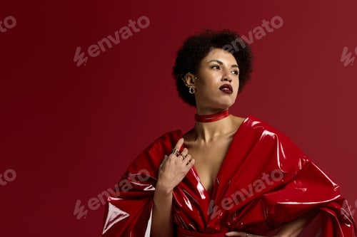 Preview: Striking young woman showcases modern elegance in vibrant red fashion against bold background