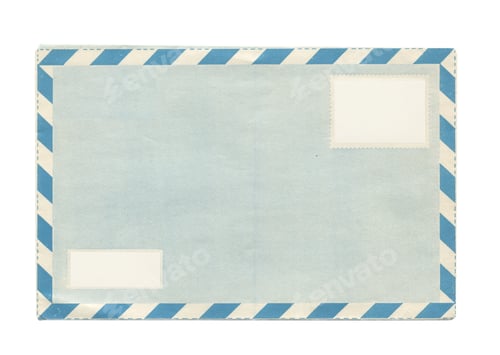 Preview: back view of old open aged blue paper airmail envelope with faded stamp print isolated on white