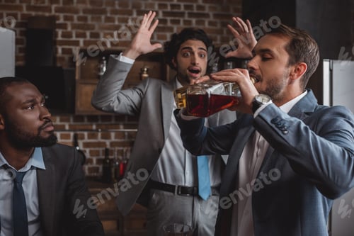 Preview: multiethnic businessmen looking at friend drinking alcohol beverages from bottles