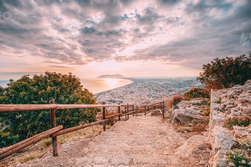 Preview: Terracina, Italy. Road To Temple Of Jupiter Anxur And Top View Skyline Cityscape City In Sunset Or