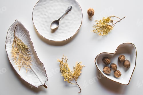 Preview: Beautiful plates on a white background with dried plant. Beautiful layout
