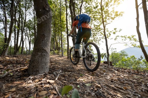 Preview: Woman cyclist cycling on spring mountain top forest trail