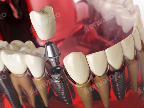 Preview: Tooth implant in the model human teeth, gums and denturas. Denta