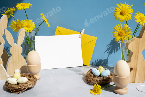 Preview: Empty white envelope mock up postcard copy space on festive blue background and eco-friendly zero