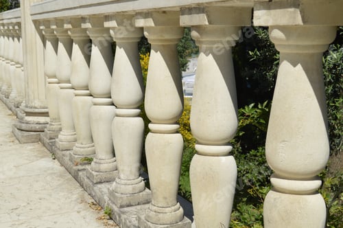 Preview: Close-up details of the balustrade, white marble columns, illuminated by the sun