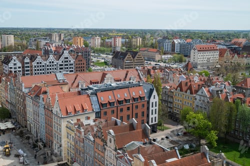 Preview: top view of the old town and the roofs of red houses in Gdansk Poland