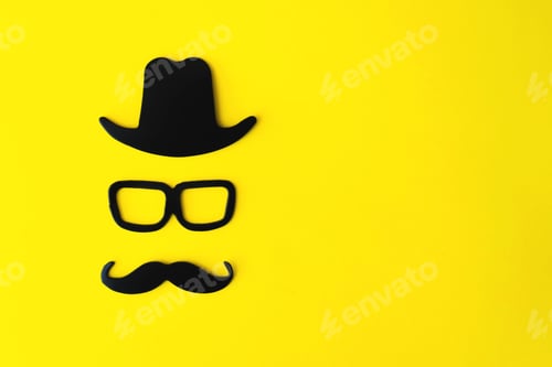 Preview: Happy fathers day sticker, hat, glasses, black mustache, on a yellow background.