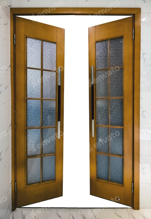 Preview: Opened wooden door with glass and handle on wall
