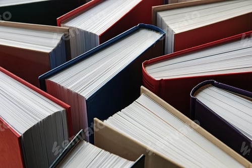 Preview: many hardbound paper books standing, literature background