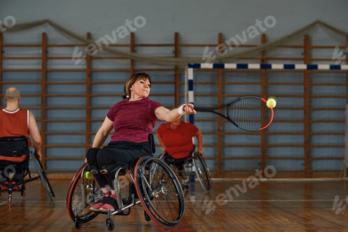 Preview: People in wheelchair playing tennis on court. Wheel Chair Tennis For Disabled.