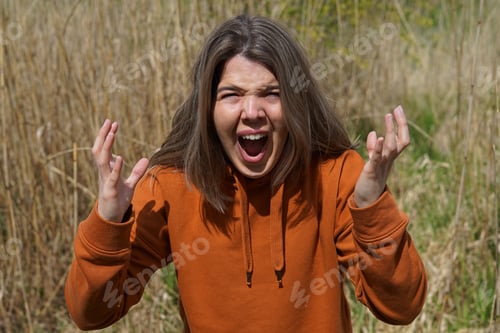 Preview: A frustrated and angry woman is screaming out loud and pulling her hair.For more images with realist