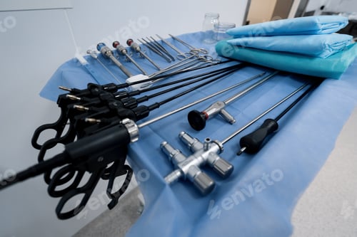 Preview: sterile surgical instruments lie on the table operation in operating room laparoscope scalp scissors