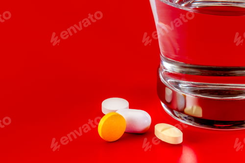 Preview: Closeup shot of pills with a glass of water on the side on a red background