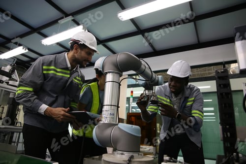 Preview: Engineers Inspecting Robotic Arm in a Factory Setting
