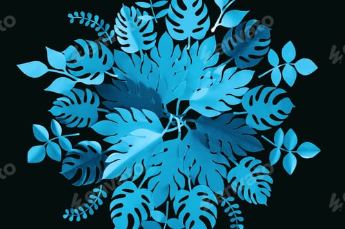 Preview: top view of paper cut blue leaves isolated on black, background pattern