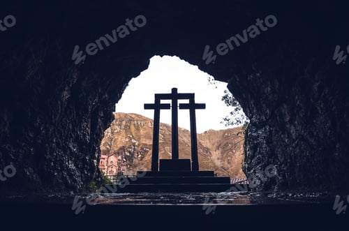 Preview: Low angle shot of the stone crosses of the sanctuary of Covadonga, Covadonga, Spain
