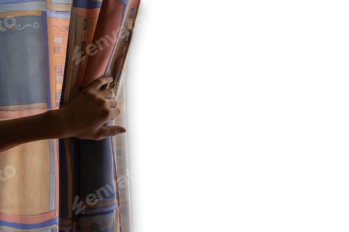 Preview: mockup hand opens the curtains isolated on white background with copy space