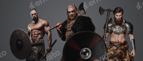 Preview: Antique nordic barbarians with axes against grey background