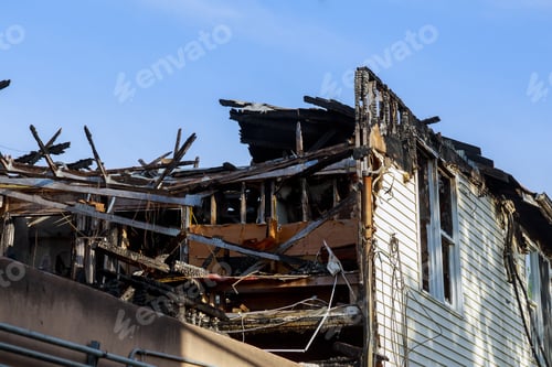 Preview: Ruins of house after big disaster - fire day the fire House in the city