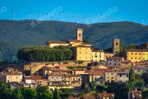 Preview: Montescudaio Village and Wind Turbines on Hill, Tuscany, Italy