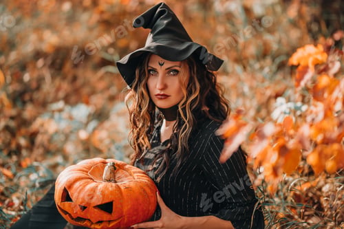 Preview: Sitting girl dressed as witch holding pumpkin in the forest