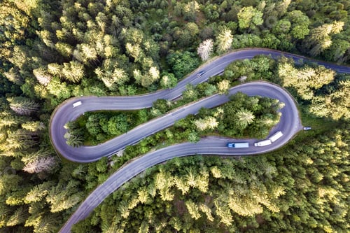 Preview: Aerial view of winding road in high mountain pass trough dense green pine woods
