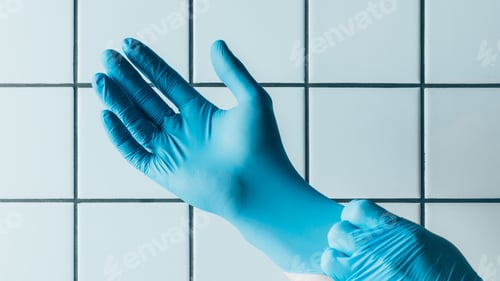 Preview: Blue Surgical Gloves on White Tiled Background