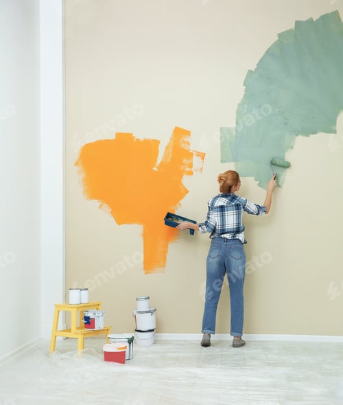 Preview: Woman painting wall indoors, space for text. Home repair
