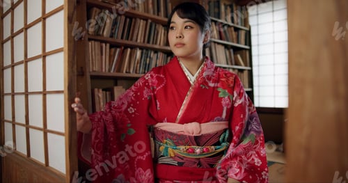 Preview: Japanese, woman and kimono with relax for culture, tea ceremony and thinking or ideas in Chashitsu.