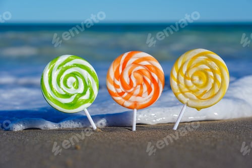 Preview: Closeup of three different lollipops on a beach surrounded by the sea - great for wallpapers