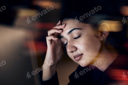 Preview: Burnout, stress and business woman at night working on computer for project, report and strategy de