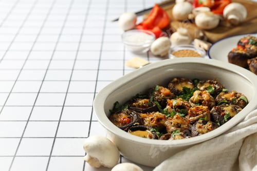 Preview: Stuffed mushrooms, towel and vegetables on light background, space for text
