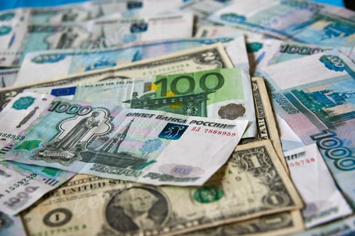 Preview: background of paper bills dollars, euros and rubles. Currency exchange rate